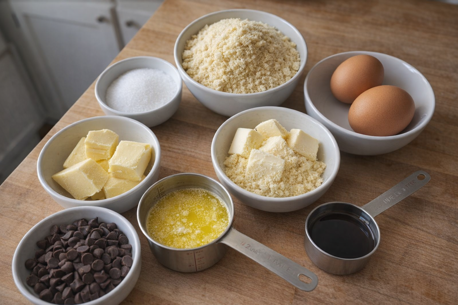 An overhead shot of a kitchen counter with all the ingredients for gluten-free almond flour cookies laid out in small bowls and measuring cups, including almond flour, sugar, butter, eggs, vanilla extract, and chocolate chips, natural daylight